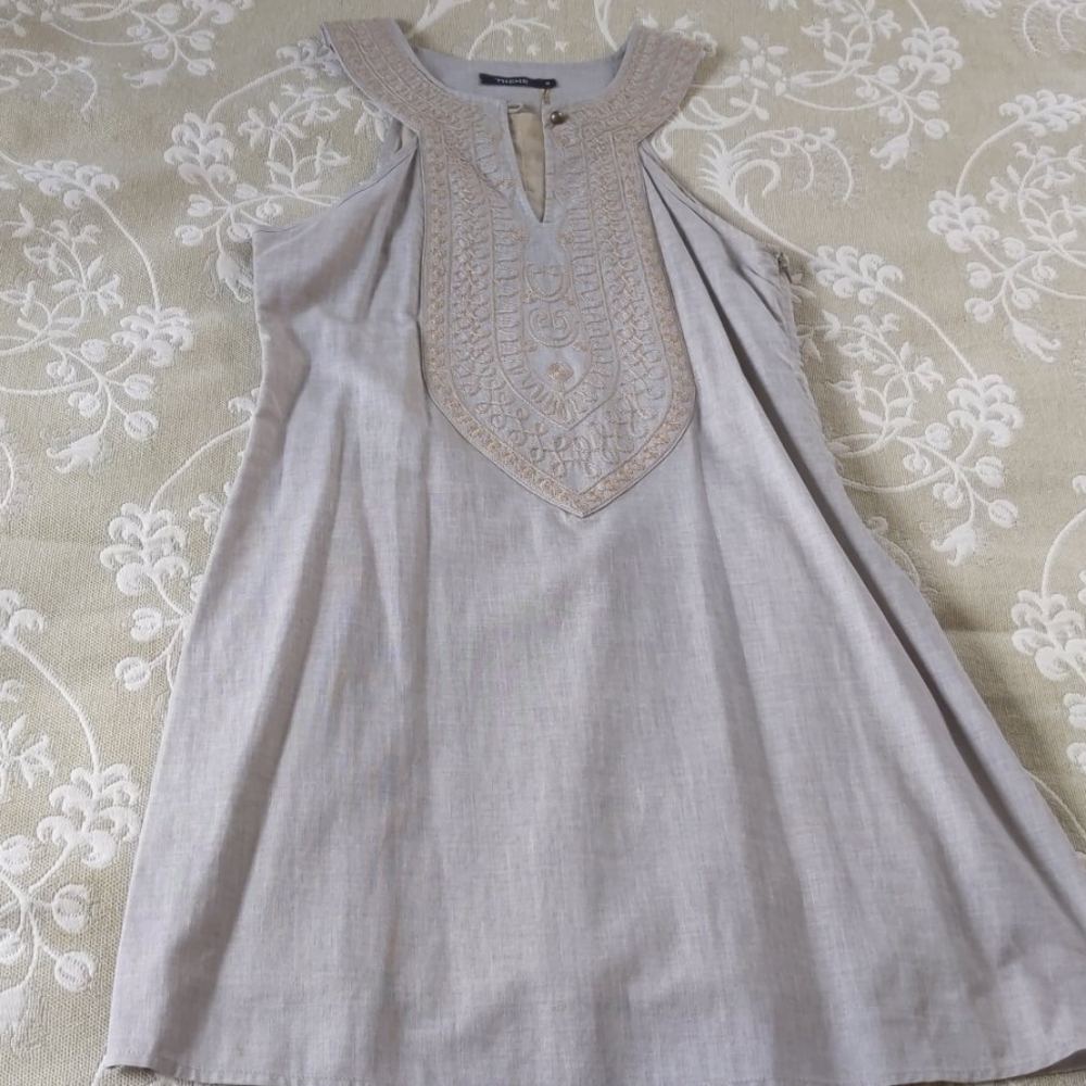 Theme linen embroidered halter dress, pale blue